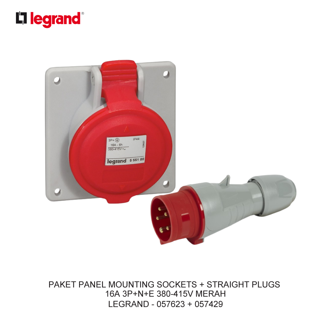 PAKET PANEL MOUNTING SOCKETS + STRAIGHT PLUGS 16A 3P+N+E 380-415V MERAH