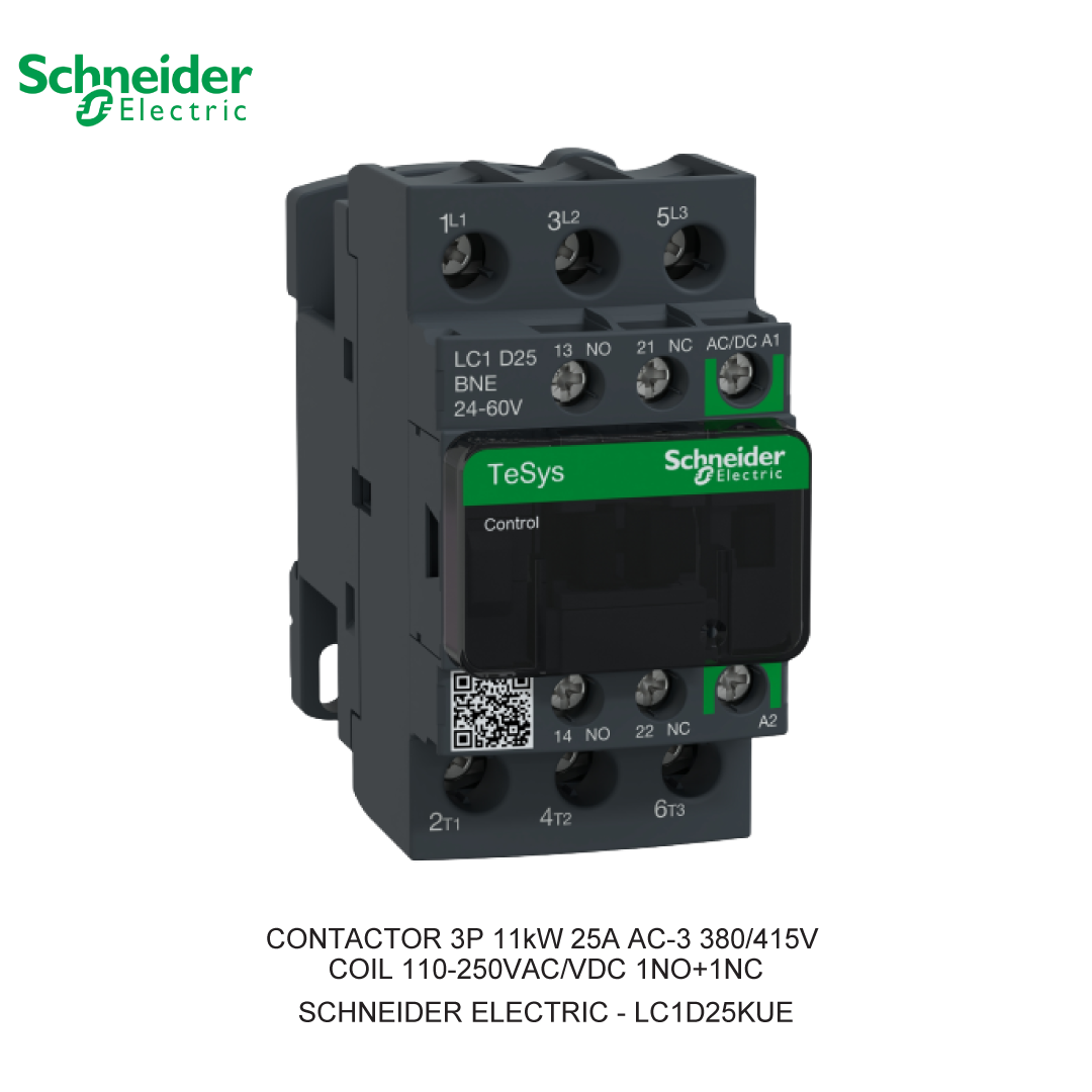 CONTACTOR 3P 11kW 25A AC-3 380/415V COIL 110-250VAC/VDC 1NO+1NC