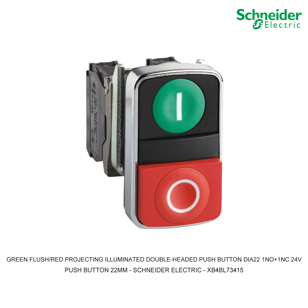GREEN FLUSH/RED PROJECTING ILLUMINATED DOUBLE-HEADED PUSH BUTTON DIA22 1NO+1NC 24V