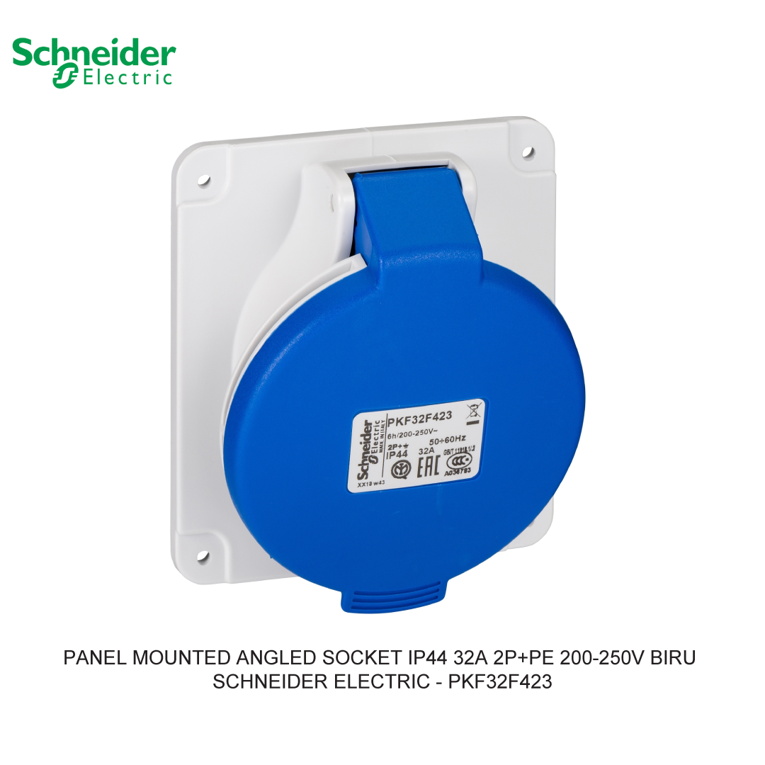 PANEL MOUNTED ANGLED SOCKET IP44 32A 2P+PE 200-250V BIRU