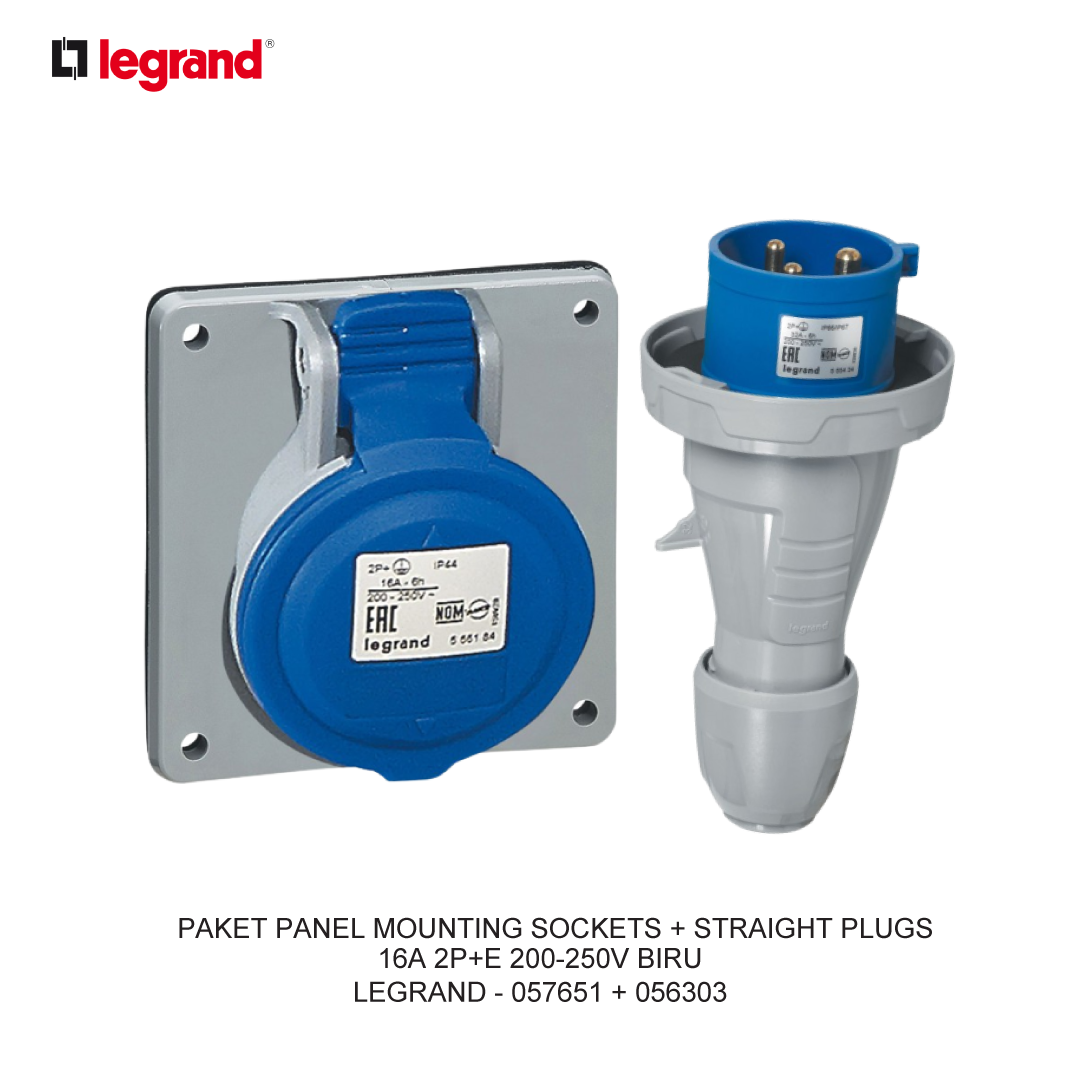 PACKAGE PANEL MOUNTING SOCKETS + STRAIGHT PLUGS 16A 2P+E 200-250V BLUE