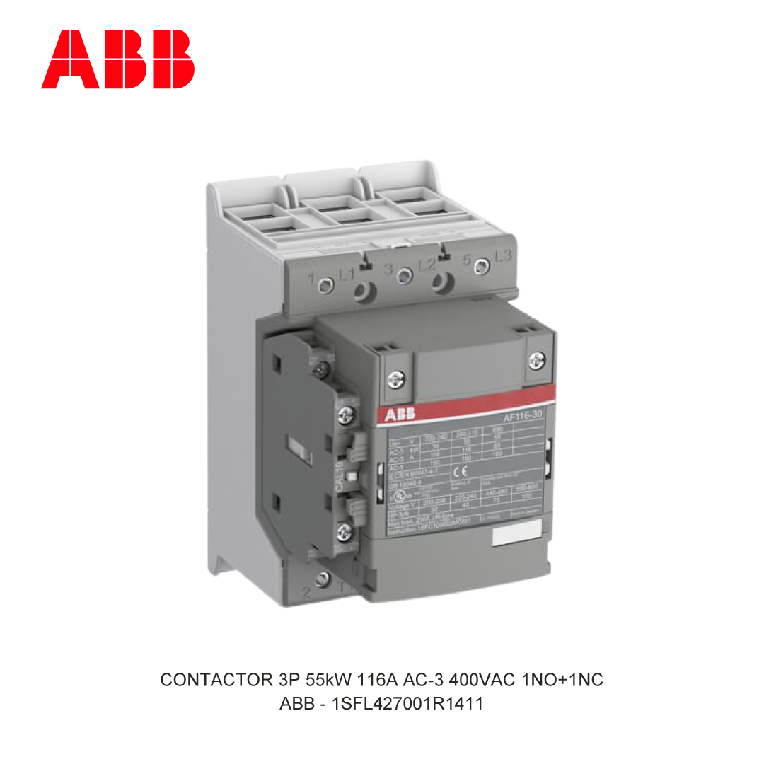 CONTACTOR 3P 55kW 116A AC-3 250-500V AC/DC 400V COIL 1NO+1NC