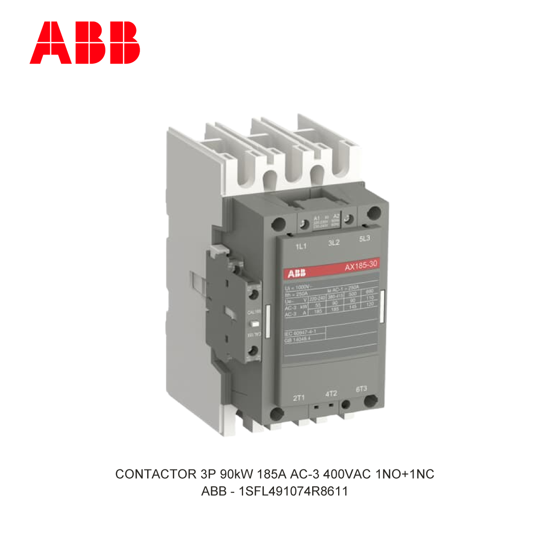 CONTACTOR 3P 90kW 185A AC-3 400-415V COIL 400VAC 1NO+1NC