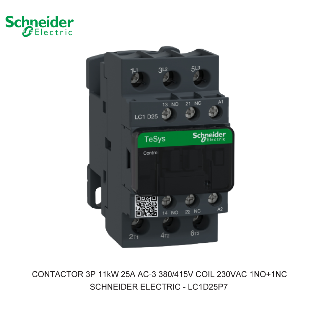 CONTACTOR 3P 11kW 25A AC-3 380/415V COIL 230VAC 1NO+1NC