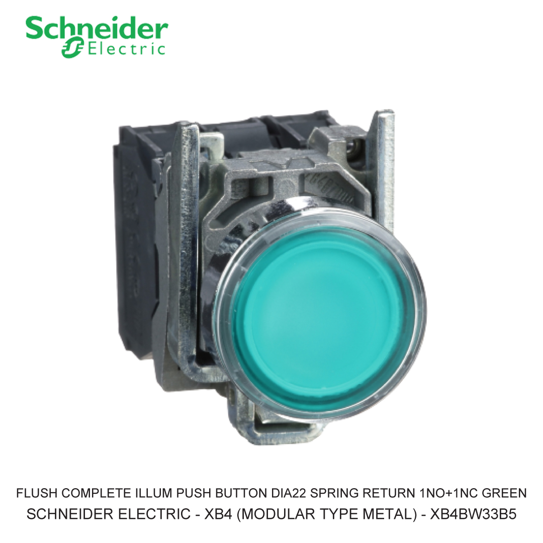 FLUSH COMPLETE ILLUM PUSH BUTTON DIA22 SPRING RETURN 1NO+1NC 24V GREEN